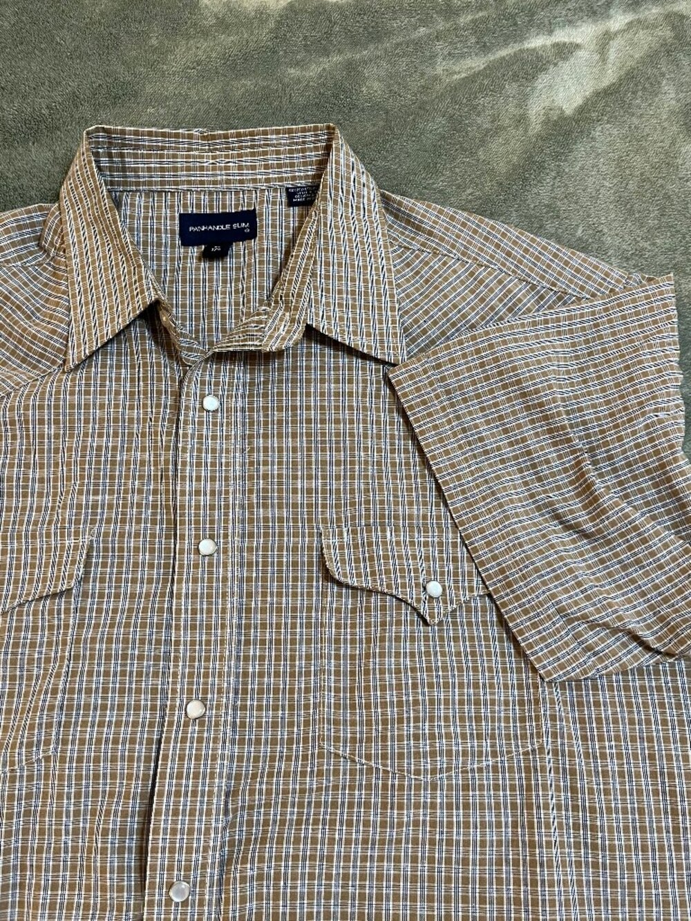 Panhandle Slim short sleeve western pearl snap shirt tan/black plaid XL 17.5